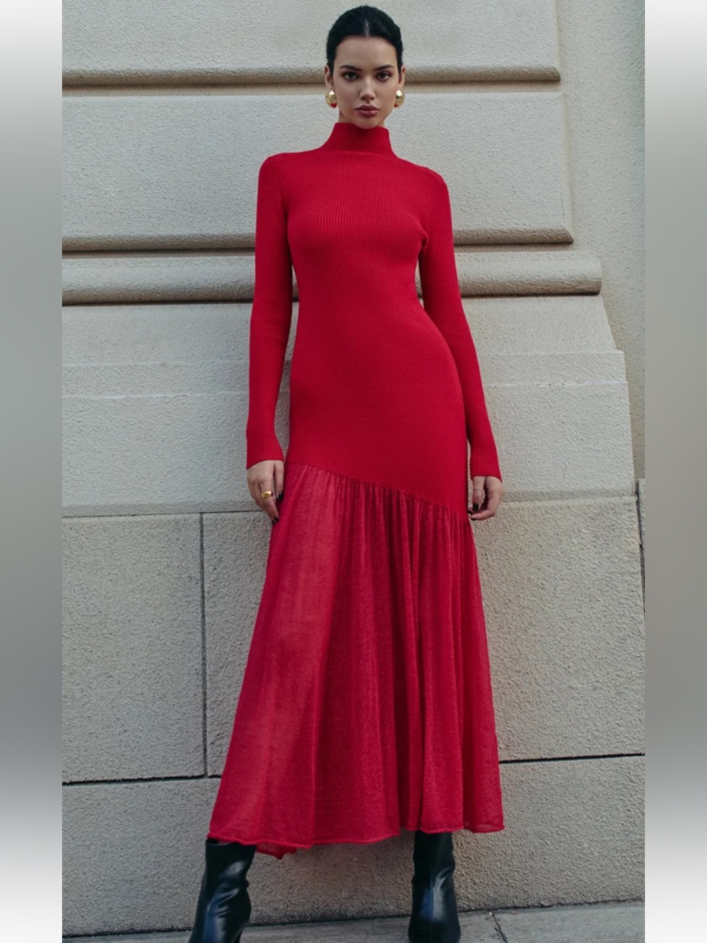 Commense Mock Neck Pleated Panel Sweater Dress